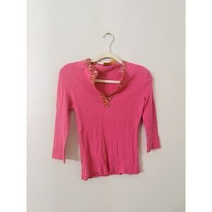 Beautiful TORY BURCH Ribbed Top Womens M Printed Trim V-Neck 3/4 Sleeve Pink